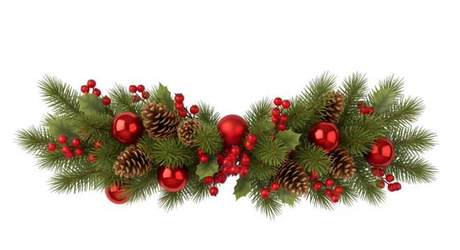 Festive christmas garland with pine cones red baubles and ribbons isolated on transparent background - Powered by Adobe