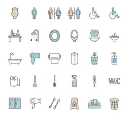 Fototapeta premium Bathroom Essentials Minimalist Vector Icons for Restroom Amenities and Facilities Guide