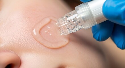 Woman receiving facial treatment with microneedling device for skin rejuvenation. Cosmetology procedure for aesthetic beauty and anti-aging.