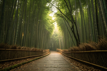 Morning sunlight on a winding forest road or wooded path among green trees, capturing the tranquility of nature's landscape