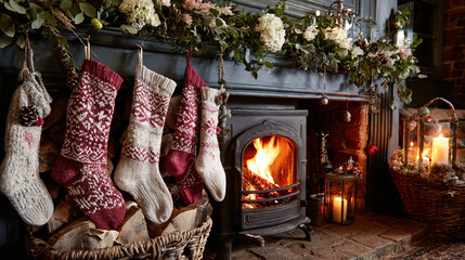 Christmas fireplace corner with festive socks 