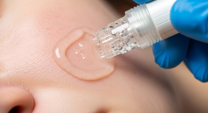 Woman receiving facial treatment with microneedling device for skin rejuvenation. Cosmetology procedure for aesthetic beauty and anti-aging.