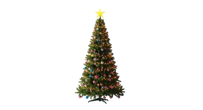 Beautifully decorated christmas tree with glowing star on top isolated on transparent background