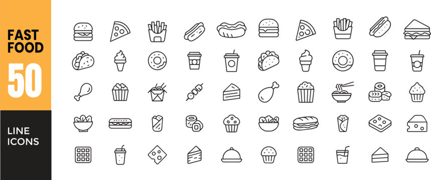 cks, Drinks, Desserts for Restaurant FastFood Line Vector Icon Set. 50 Minimal Outline Food Symbols Including Burger, Pizza, Snading, Menu Design, App UI and Web Graphics