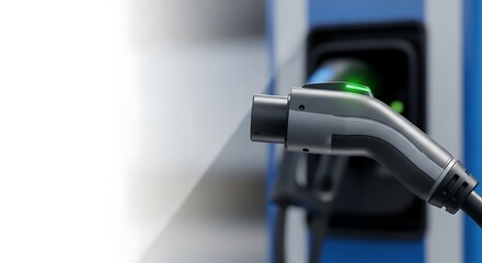 Electric Vehicle Charging Station Connector with Blurred Background.