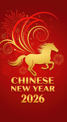 Golden Horse Silhouette with Red and Gold Swirls and Fireworks for Chinese New Year 2026
