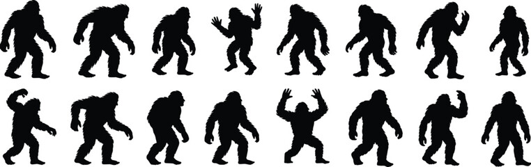 Bigfoot silhouette, Sasquatch icon, cryptid figure, walking pose, monster graphic, black outline, cad drawing, flat vector illustration, wild creature, forest legend