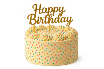 Birthday cake with colorful sprinkles and a happy birthday golden cake topper celebrating special occasions