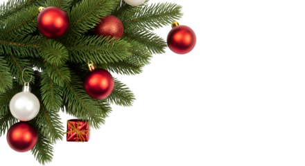 Close up of a decorated christmas tree branch with red and white ornaments and small gift boxes isolated on transparent background