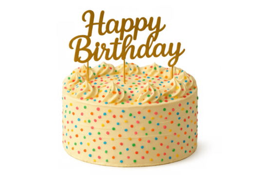 Birthday cake with colorful sprinkles and a happy birthday golden cake topper celebrating special occasions - Powered by Adobe