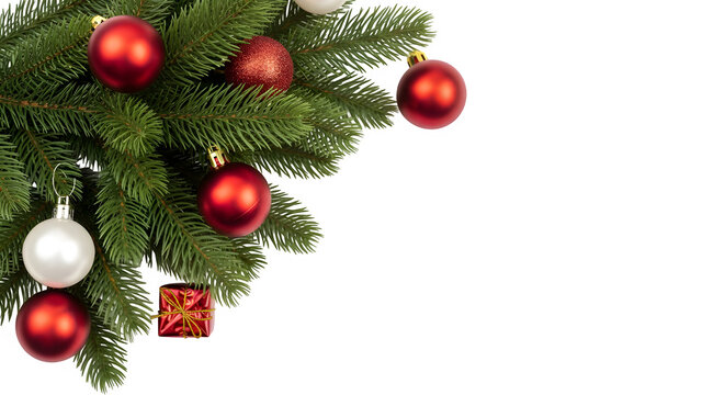 Close up of a decorated christmas tree branch with red and white ornaments and small gift boxes isolated on transparent background
