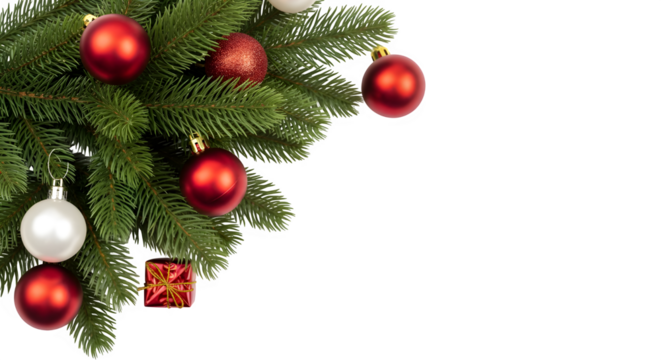Close up of a decorated christmas tree branch with red and white ornaments and small gift boxes isolated on transparent background