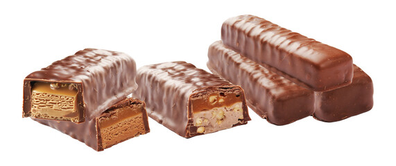 studio photograph of assorted rich glazed milk chocolate candy bars, featuring stacks and...