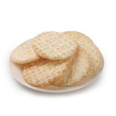 Crispy Puffed Rice Cakes on White Plate - Traditional Asian Snack Food