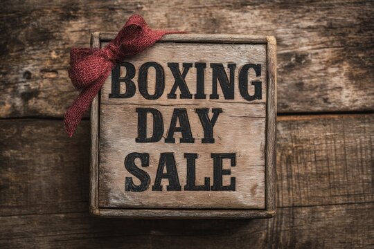 A rustic wooden sign reads "Boxing Day Sale" adorned with a festive red bow, set against a weathered wooden background. - Powered by Adobe