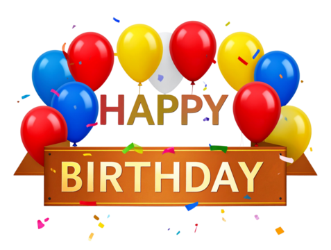 Happy Birthday Greeting Banner with Colorful Balloons and Confetti.