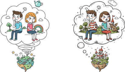Cartoon kids imagining future and fantasy worlds, thought bubble illustration, technology vs fairy tale concept, creative dreams scene, vector imagination design