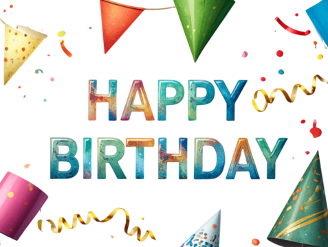 Diagonal Happy Birthday Banner with Streamers and Party Hats, Angled Composition, Isolated