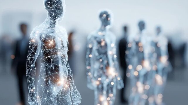 Representation of agentic autonomy through an Ai hologram alongside human figures in a modern urban setting