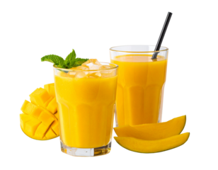 Mango juice smoothie in a glass garnished with fresh fruit isolated on transparent background