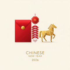 Chinese New Year 2026 Year of the Horse with Red Envelope and Firecrackers golden horse