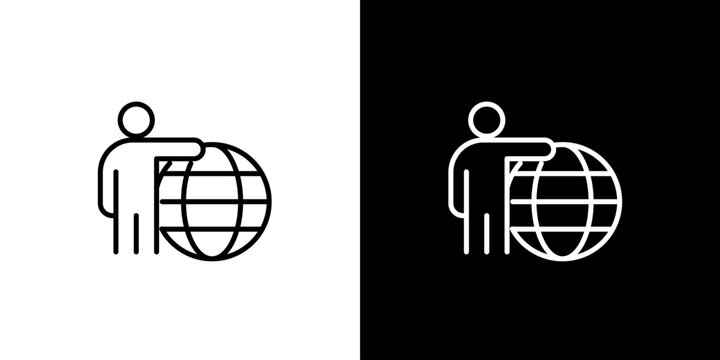 Man holding a globe icon. Isolated on white and black background. representing global reach and connectivity