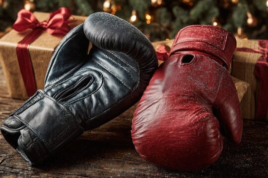 Boxing gloves rest on a wooden surface near Christmas gifts and a festive tree.