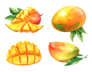 tropical mango fruits in different angles isolated on transparent background