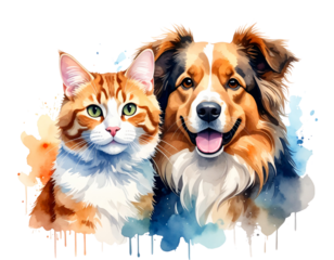 Two adorable dog and cat pairs posing together isolated on transparent background
