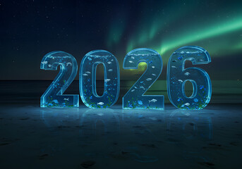 abstract 2026 new year poster with blue illuminated numbers and starry sky