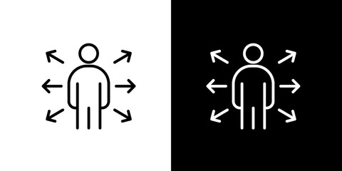 Vector line icon of a person with arrows pointing in multiple directions, symbolizing opportunities, skills, and influence