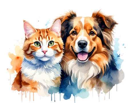 Two adorable dog and cat pairs posing together isolated on transparent background