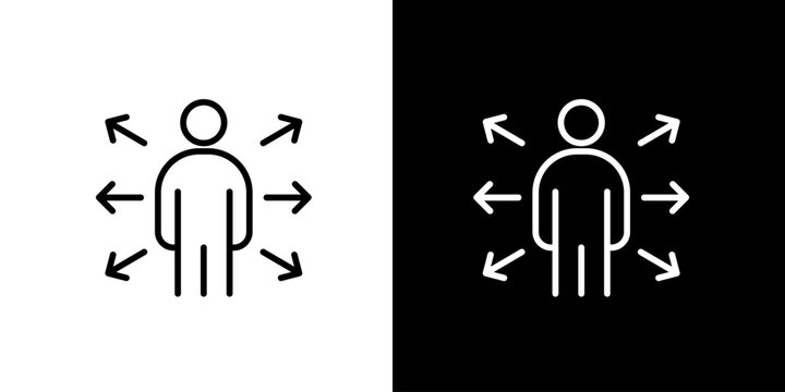 Vector line icon of a person with arrows pointing in multiple directions, symbolizing opportunities, skills, and influence
