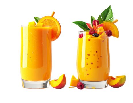 Pair of tropical mango drinks in glass isolated on transparent background