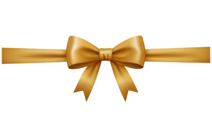 Golden gift ribbon with a bow tied in the center, horizontal layout. transparent background.