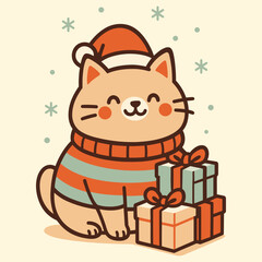 Cute Christmas cat wearing winter sweater with gift boxes and snow background, festive holiday illustration