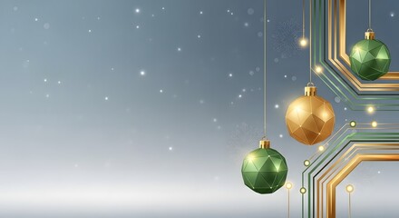 Digital Circuit Board and Geometric Christmas Ornaments Background