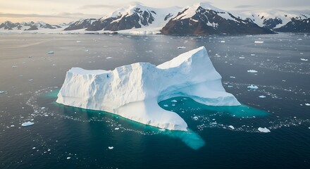 Aerial view showcases a massive iceberg in tranquil ocean waters with snow-capped mountains