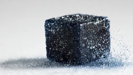 Close-up of sparkling black sugar cube with granulated texture on light background