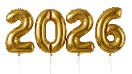 Metallic gold 2026 balloons in 3D style on transparent and white background, ideal for creating New Year greetings, festive party banners and holiday promotional marketing materials with luxury appeal