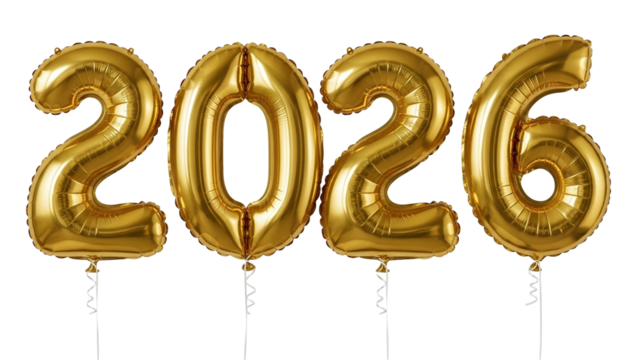 Metallic gold 2026 balloons in 3D style on transparent and white background, ideal for creating New Year greetings, festive party banners and holiday promotional marketing materials with luxury appeal