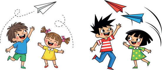 Cartoon kids playing with paper airplanes, joyful outdoor activity illustration, childhood fun and movement concept, vector interaction scene, expressive flight design