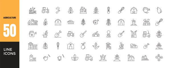 set of 50 outline web agriculture icons such as duck, wheat, farm, hay bale, shears, sprinkler, tree vector thin icons for report, presentation, diagram, web design. © Mahatab Pixel