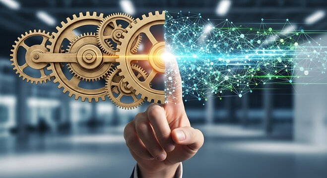 Businessman touching a digital interface with gears and glowing particles.