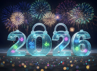 glowing 2026 new year poster with sparkling fireworks and sea reflection
