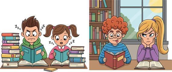 Cartoon kids reading books indoors, emotional reactions to stories illustration, study and boredom contrast scene, vector learning activity design, expressive reading moment