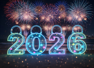 cyber style 2026 new year wallpaper with luminous numbers and sky show