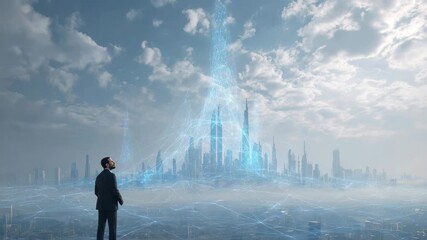 Business man contemplating a digital metropolis in a futuristic setting with advanced technology and urban development - Powered by Adobe