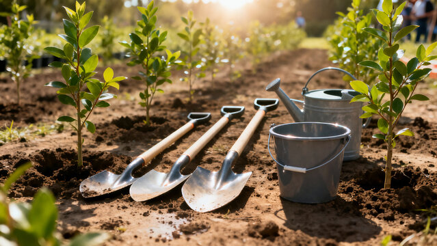 Three shiny planting shovels, a bucket, and a watering can lie on the soil next to a row of newly planted green seedlings under bright sunshine.