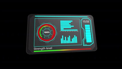 advanced holographic strength readout displayed during virtual training session, sophisticated digital display showcasing energetic neon visuals with rotating bar charts and gauges - Powered by Adobe